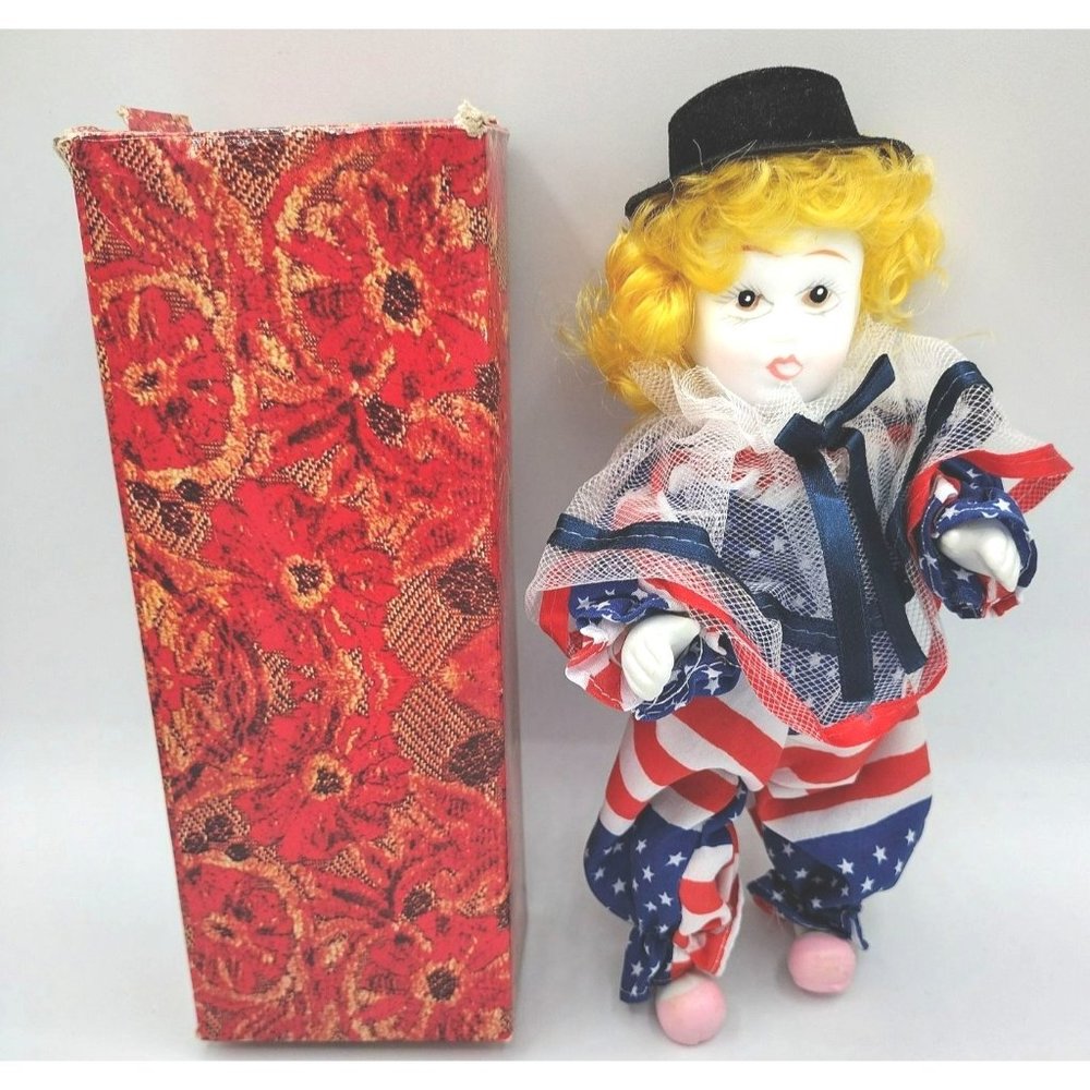 Patriotic Clown Porcelain Doll 4th of July America American w/ Hat Outfit Shoes
